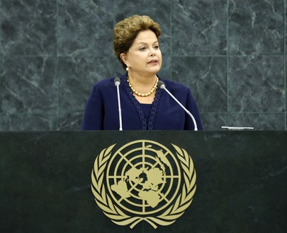 Brazilian President Dilma Rousseff addressing the UN General Assembly in New York today