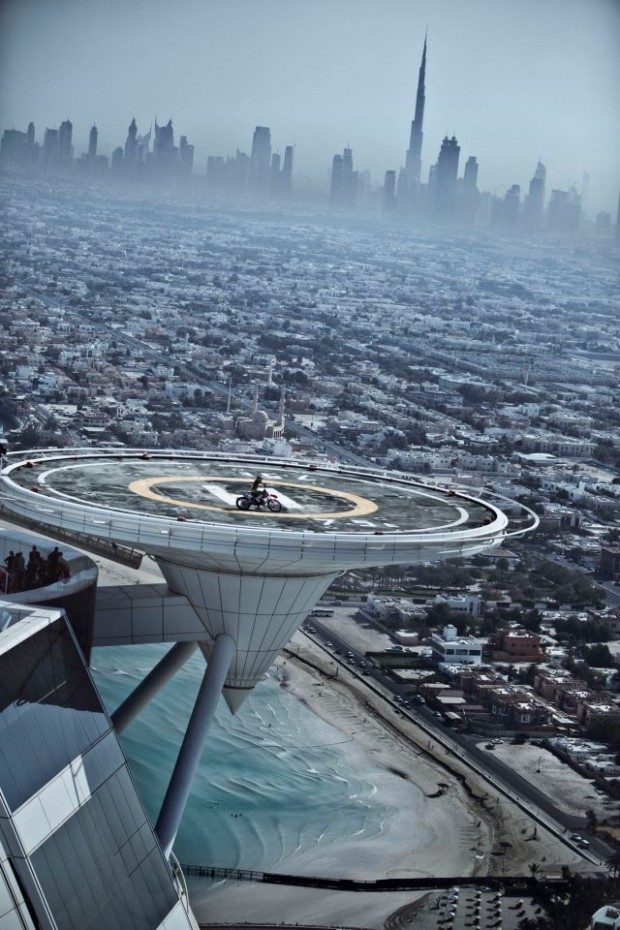 2012; FMX rider Danny Torres on the Burj Al Arab helipad with the Burj Khalifa in the background