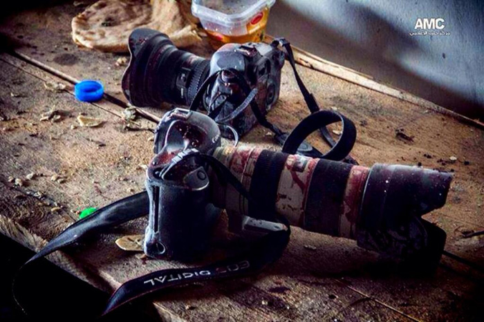 Syrian teenage photojournalist Molhem Barakat's cameras, taken after he was found killed.