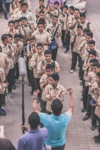 Students standing in line in the school yard. Courtesy of Osama Gebril. 