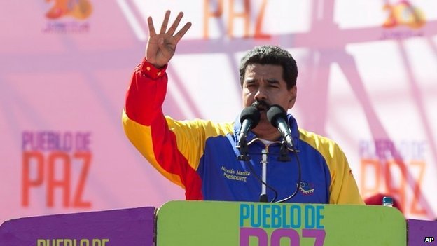 Embattled Venezuelan President Nicolas Maduro at a rally of supporters in Caracas