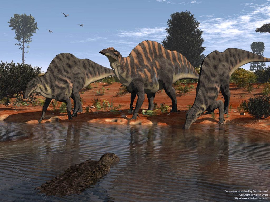 Ouranosaurus stalked by Sarcosuchus