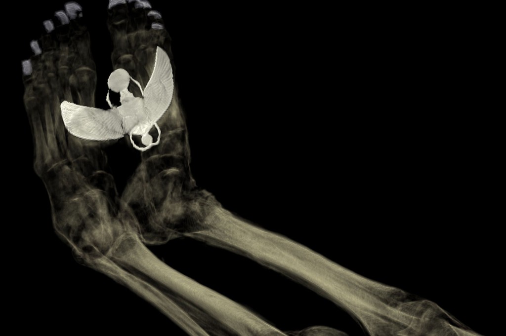 A CT scan of Tayesmutengebtiu's body, revealing a piece of jewelry at her feet (British Museum)
