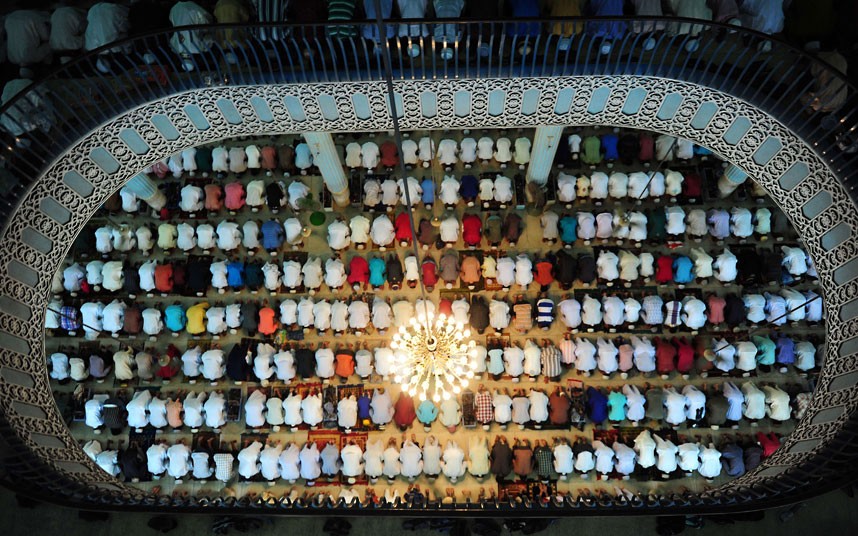 Bird's Eye view of Muslims performing Eid Prayers in The National Mosque of Bangladesh