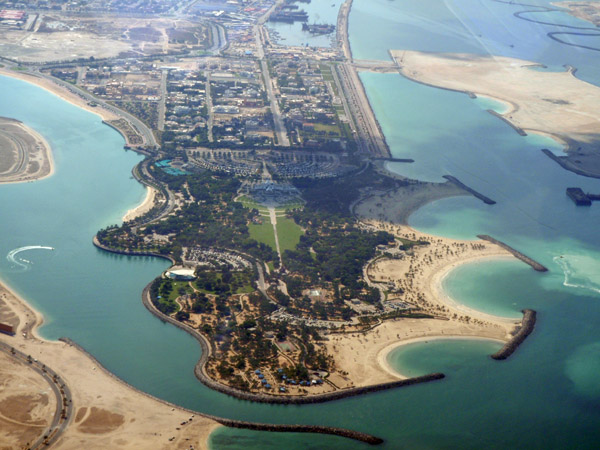 Aerial shot of Al Mamzar Beach Park during the day.