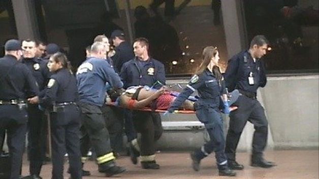 Oscar Grant's body being carried out of Fruitvale metro station in San Francisco, CA on Jan. 1, 2009