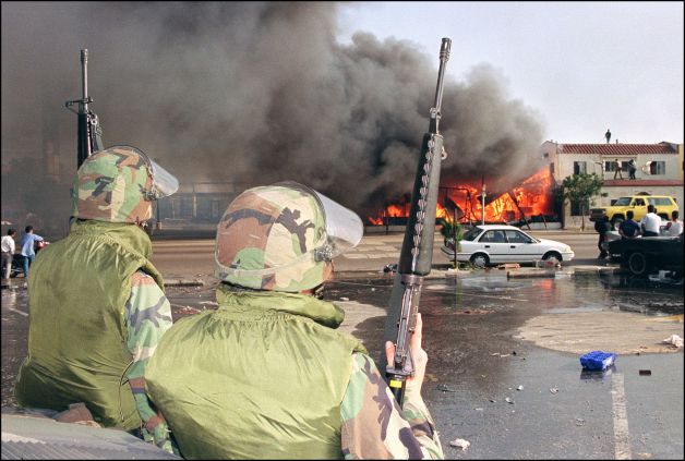 U.S. National Guardsmen on the streets of Los Angeles in the midst of the city's infamous 1991 riots. (Hal Garb/AFP/Getty Images)