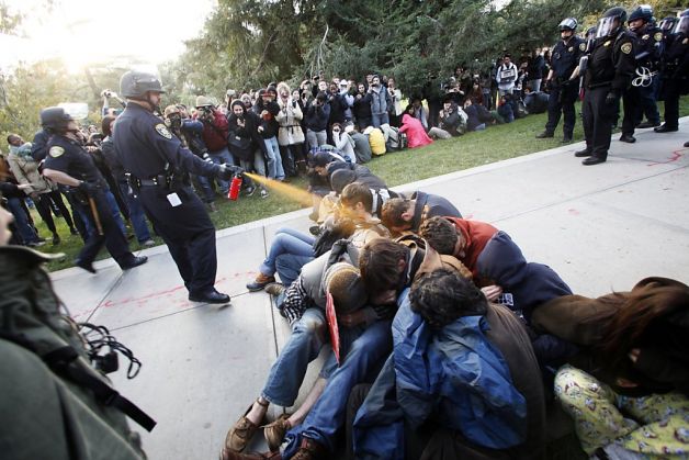 University of California, Davis campus police pepper spray unarmed students at a peaceful demonstration.