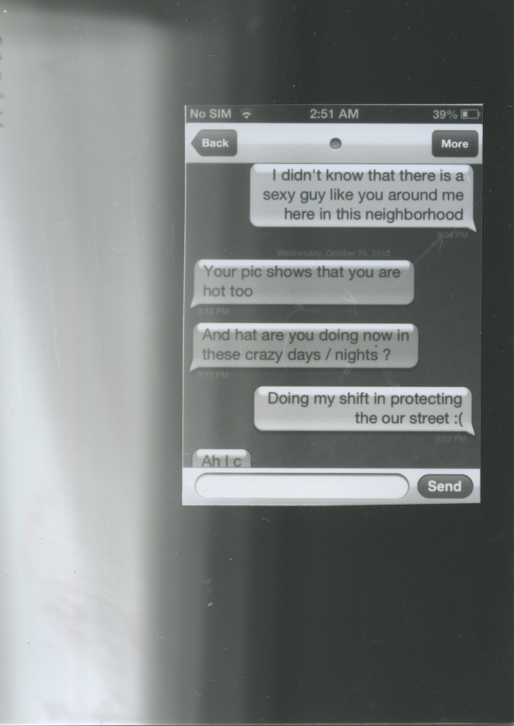 Mahmoud Khaled, 'Do you have work tomorrow?' (detail), 2012, series of 32 screen shots of a conversation on an iPhone, 10 x 15 cm each.
