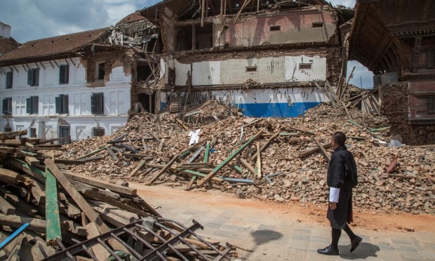 Bhutan Prime Minister Tshering Tobgau inspecting the damage at Durbar Square after the April 25, 2015 earthquake in Nepal.