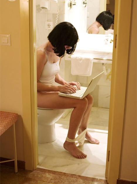 Woman on Toilet, Using Laptop