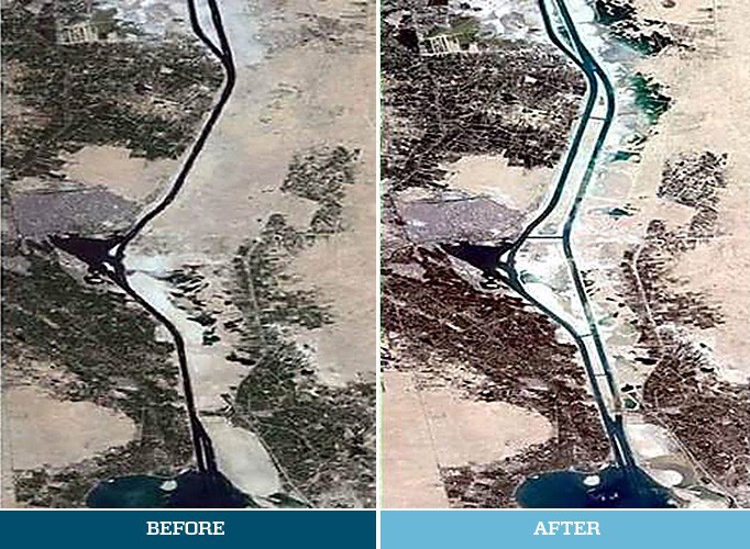 A before and after aerial shot of the New Suez Canal by Maersk Line, the biggest users of the canal (Facebook/Maersk Line)