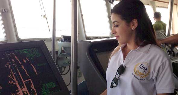 Marwa El Slehdar, the first female Shipmaster in Egypt, aboard the Aida 4 at the celebrations of the opening of the New Suez Canal (Egyptian Presidency/Handout)