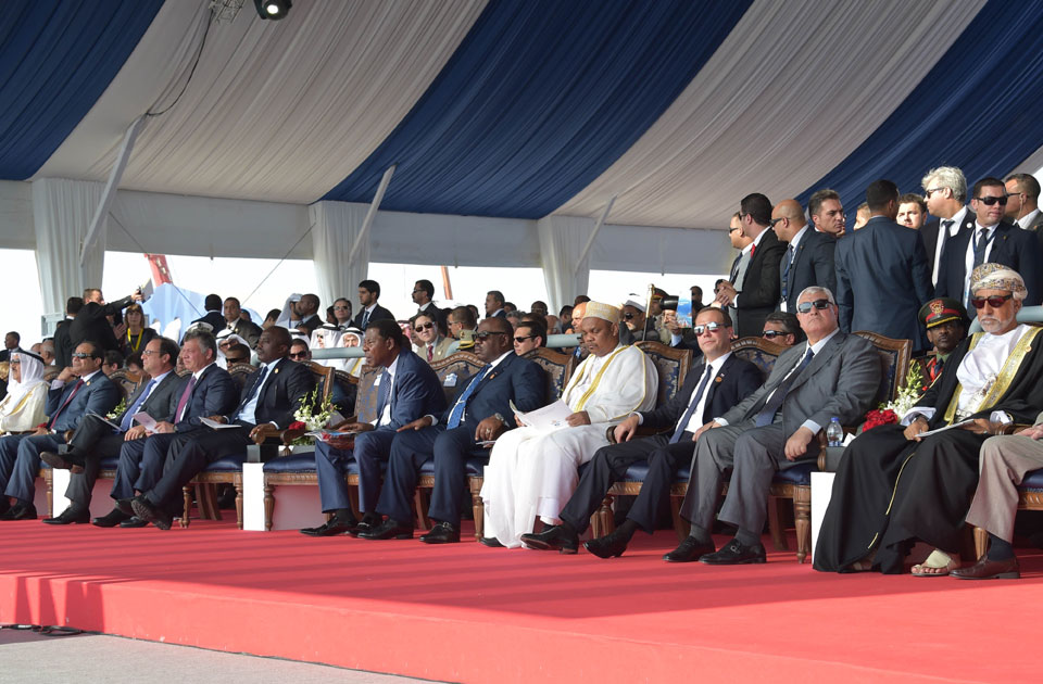 Russian Prime Minister Dmitry Medvedev at the celebrations of the opening of the New Suez Canal in Ismailiya (AP)