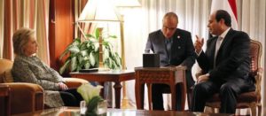 U.S. Democratic presidential candidate Hillary Clinton attends a bilateral meeting with Egypt's President Abdel Fattah el-Sisi (R) at a hotel in New York, U.S. September 19, 2016. REUTERS/Carlos Barria